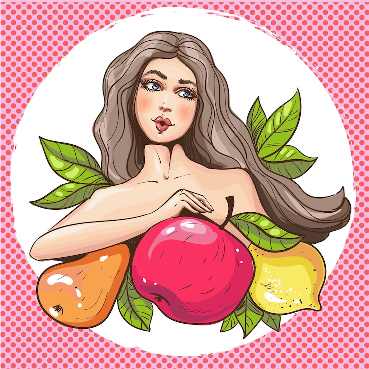 Vetor mulher sexy de arte pop com ilustração vetorial de frutas