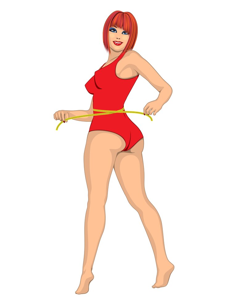 Vetor mulher sexy foxy em maiô vermelho com corpo perfeito medindo sua cintura