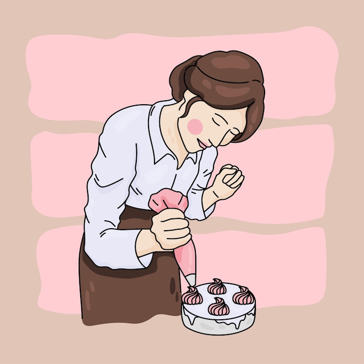 Vetor mulher simples cozinhando e assando para decoração de bolo de padaria
