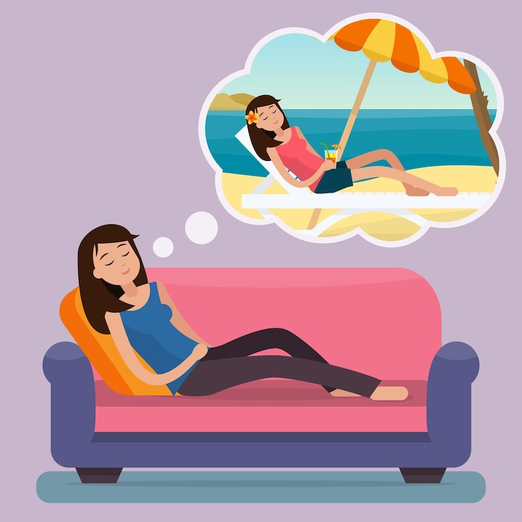Vetor mulher sonhando com férias de verão no sofá garota relaxada no sofá dormindo com bolha de pensamento