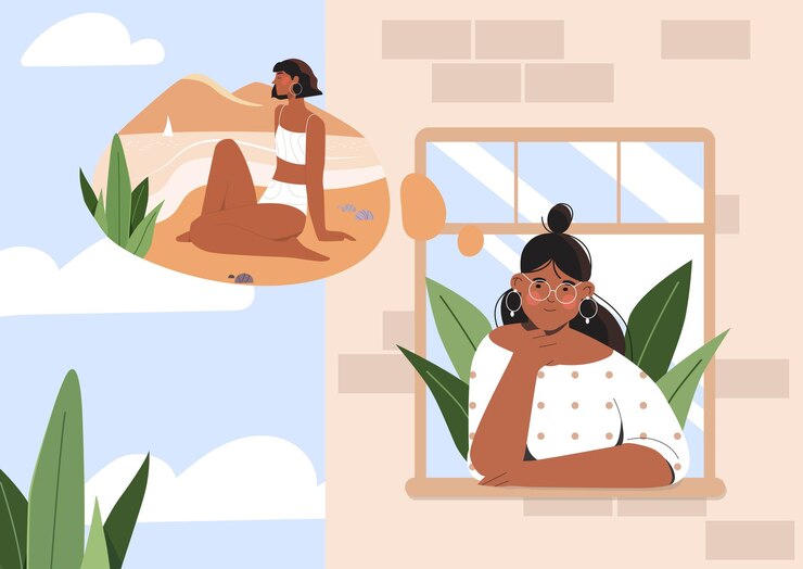 Vetor mulher sonhando com mar