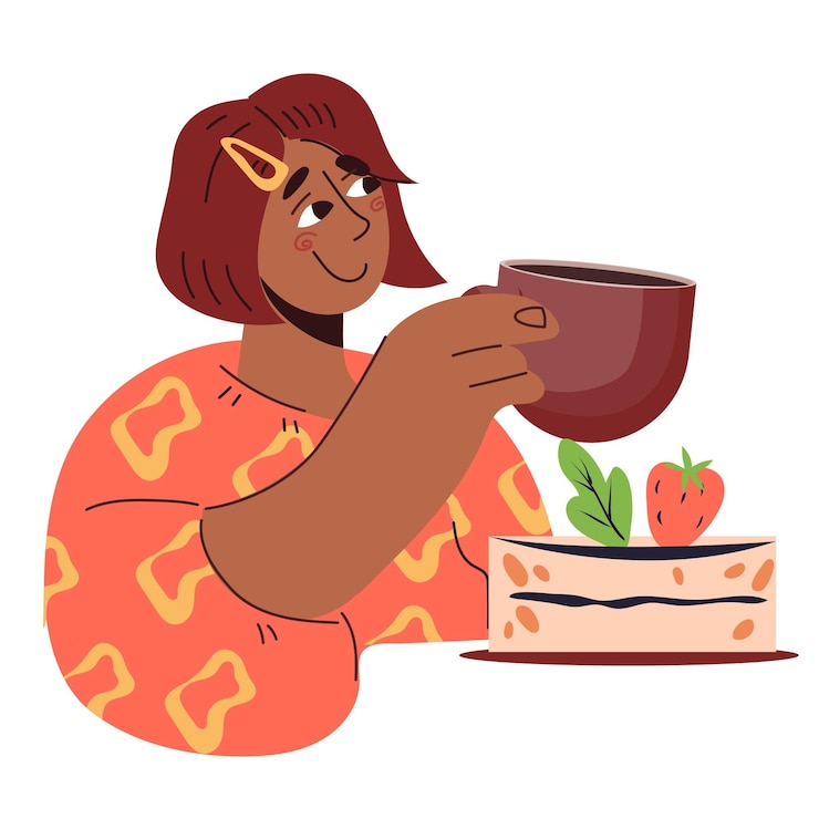 Vetor mulher sorridente bebendo café e comendo sobremesa ilustração vetorial isolada