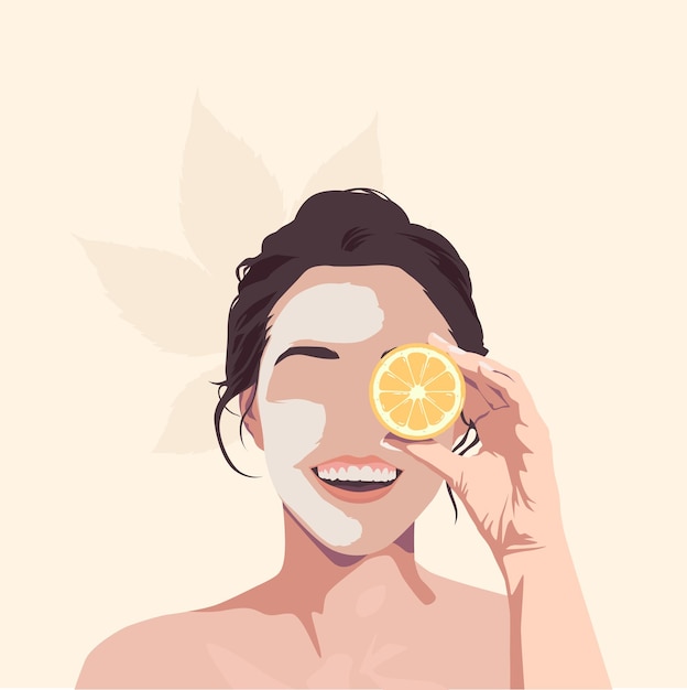 Mulher sorridente com máscara facial e fatia de limão no olho Conceito de cuidados com a pele e bem-estar de beleza