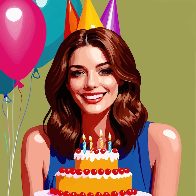 Vetor mulher sorridente comemorando aniversário com bolo e balões ilustração vetorial