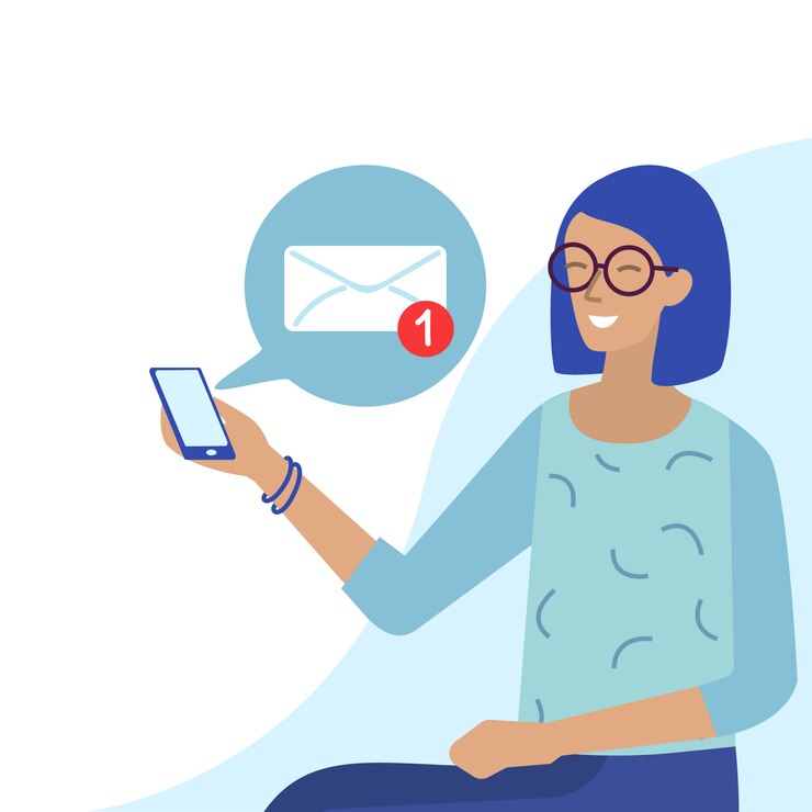 Vetor mulher sorridente em copos recebe e-mail no telefone