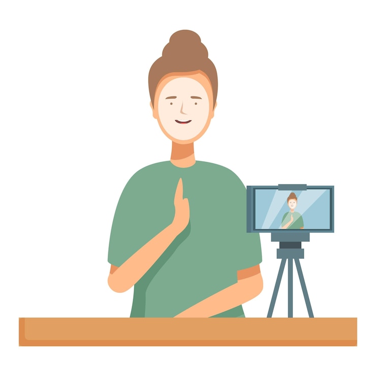 Vetor mulher sorridente gravando vlog na câmera