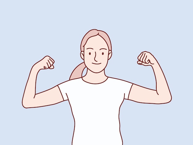 Vetor mulher sorridente, levantando o braço, mostrando os músculos, pose forte, ilustração de estilo coreano simples