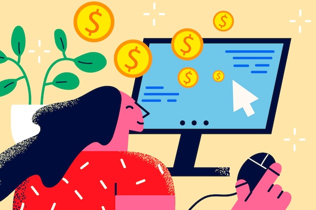 Mulher sorridente trabalhar online no computador ganhar dinheiro na bolsa de valores. mulher feliz com um emprego distante recebe dividendos de um investimento de sucesso. finanças e bancos. ilustração em vetor plana.