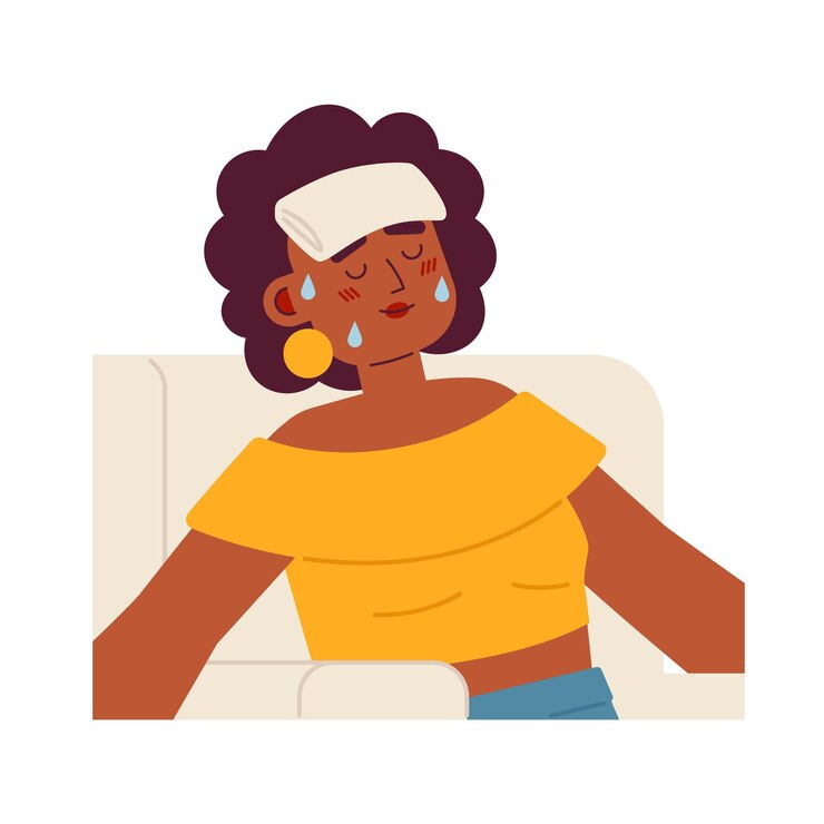 Vetor mulher suada afro-americana com toalha molhada personagem de vetor de cor semiplana sintoma de insolação pessoa de meio corpo editável em branco ilustração simples de desenho animado para web design gráfico