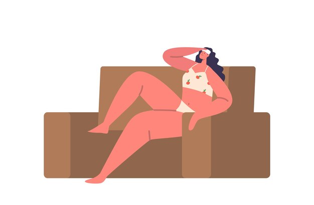 Vetor mulher suando usa roupa de cama sentada no sofá lutando contra o calor em sua casa personagem feminina buscando alívio