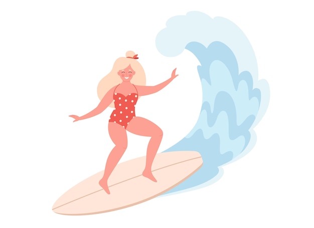 Mulher surfando na prancha de surf e pegando ondas no oceano atividade de verão surf de verão