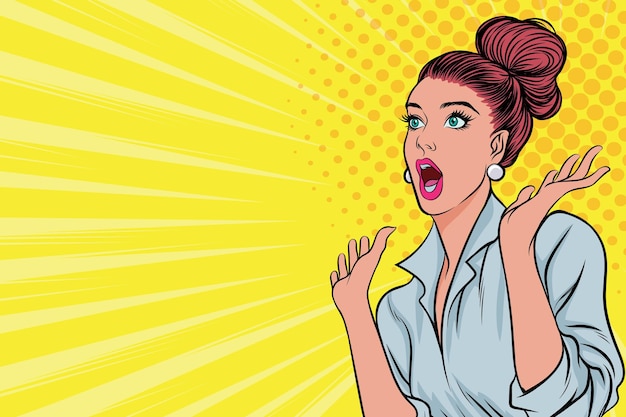 Mulher surpreendeu uau boquiaberta e fundo amarelo para arte de banner estilo cômico estilo vintage