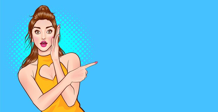 Vetor mulher surpreendida olhando e apontar algo estilo de quadrinhos pop art.