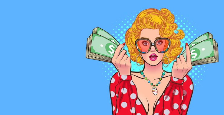 Vetor mulher surpresa em óculos parece uau algo e mostrando dinheiro estilo retro pop art estilo pop art estilo quadrinhos pop art.