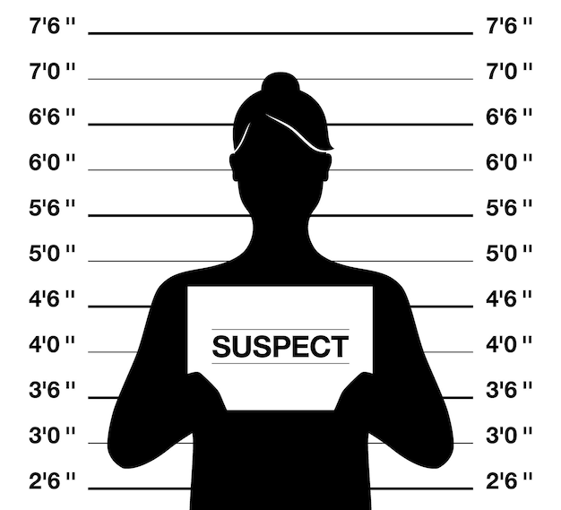 Mulher suspeita anonymus de pé sobre um fundo de fotografia criminal mugshot vector illustration