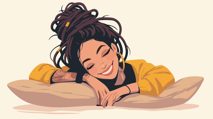 Vetor mulher tatuada alegre com dreadlocks rindo enquanto deitada