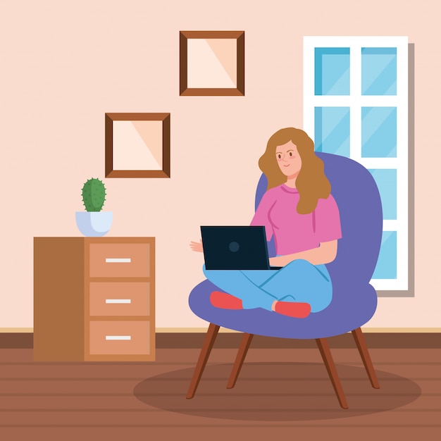 Vetor mulher, telecommuting, em, sala de estar