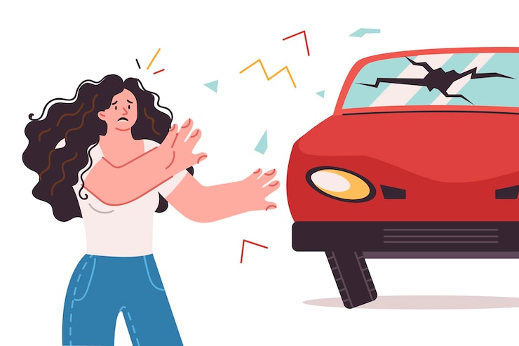 Vetor mulher teve um acidente de carro devido à violação das regras de trânsito fica perto de automóvel quebrado