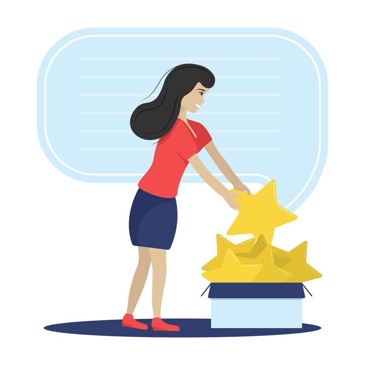 Vetor mulher tirando estrelas da caixa para dar feedback