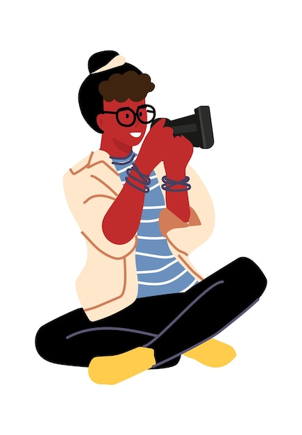 Mulher tirando fotos fotógrafo profissional de desenho vetorial isolado no fundo branco africano feminino com ocupação de câmera fotográfica ou hobby jovem paparazzi ou jornalista
