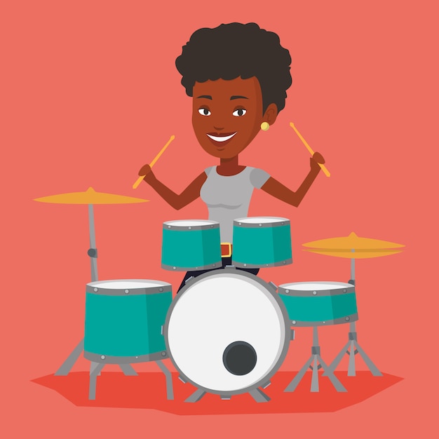 Vetor mulher tocando na ilustração de kit de bateria.