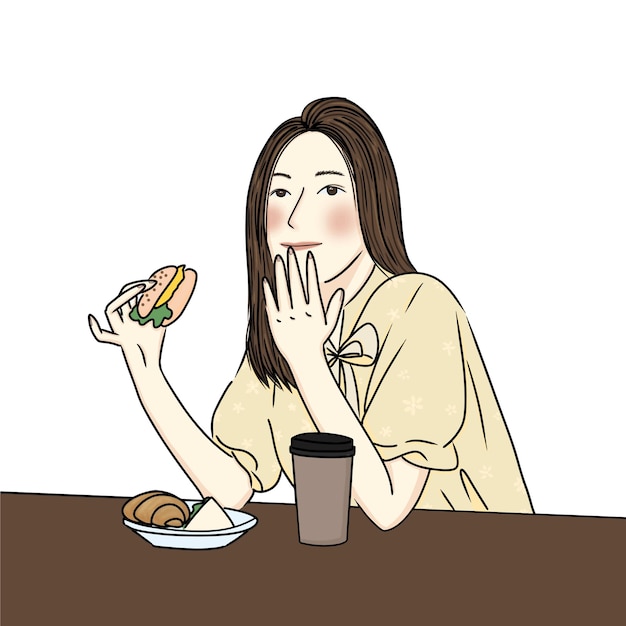 Mulher toma café da manhã hambúrguer bebe café