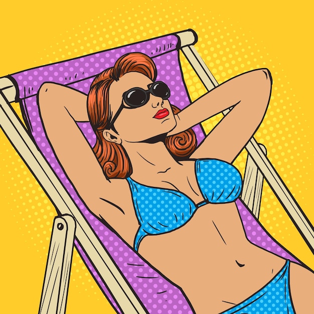 Mulher tomando banho de sol no vetor de arte pop de praia