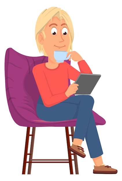 Mulher tomando café na cadeira aconchegante pessoa de desenho animado com tablet