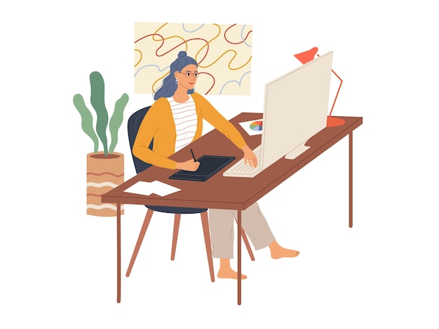 Mulher trabalha em seu computador usando uma mesa digitalizadora. Funcionário da profissão criativa.