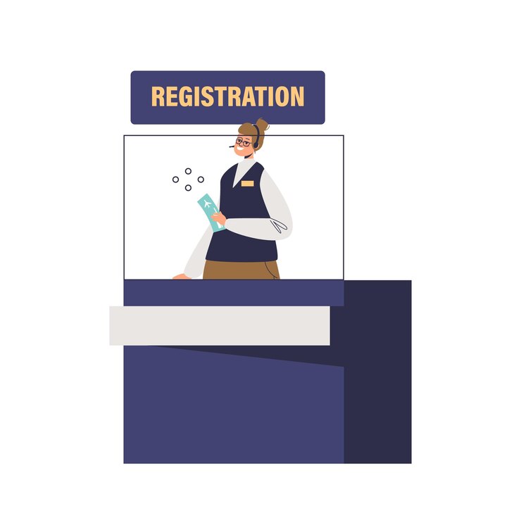 Vetor mulher trabalhadora da verificação do aeroporto, balcão de registro. recepcionista feminina no balcão de check-in, verificando documentos e passagens para o voo. conceito de pessoal do aeroporto. ilustração em vetor plana de desenho animado
