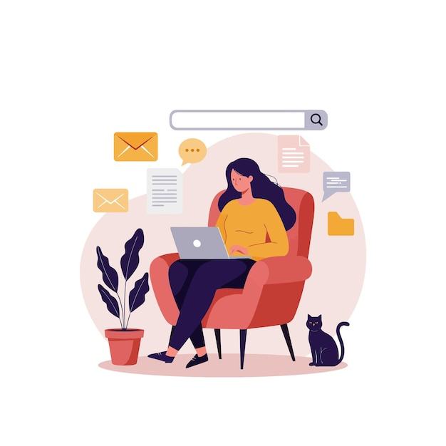 Mulher trabalhando em casa no laptop com ilustração de gato e planta