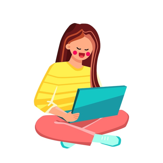 Vetor mulher trabalhando em casa no laptop eletrônico vector jovem garota sentada no chão e trabalho remoto em casa no computador no personagem de internet lady freelancer trabalho on-line plana ilustração dos desenhos animados