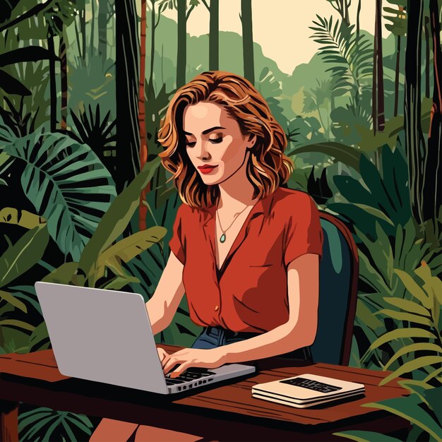 Mulher trabalhando em laptop no meio da selva indicando trabalho remoto em lugares incomuns