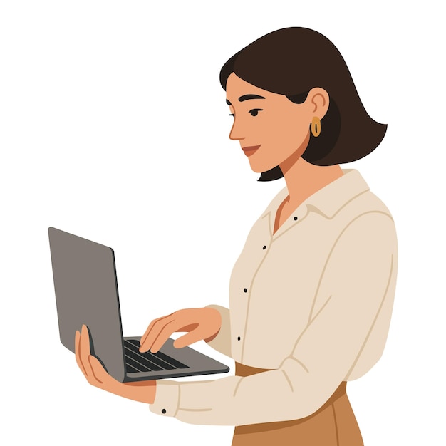 Mulher trabalhando em um laptop de pé