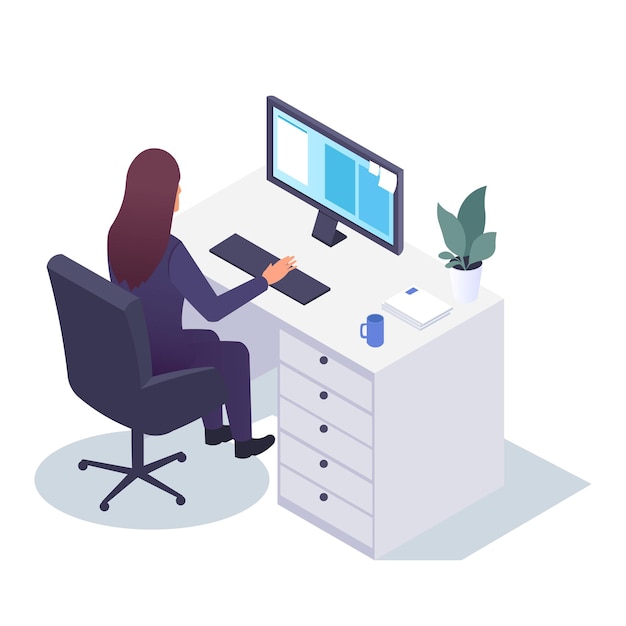 Mulher trabalhando em uma mesa com computador e plantas ilustração vetorial