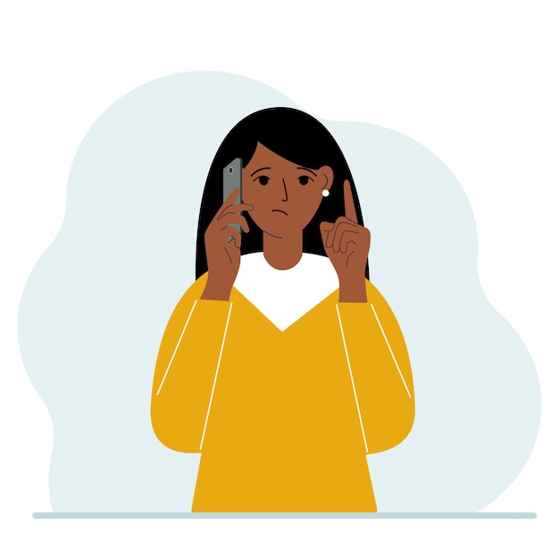 Vetor mulher triste falando ao celular com emoções. uma mão com o telefone a outra com um gesto do dedo indicador para cima. ilustração em vetor plana