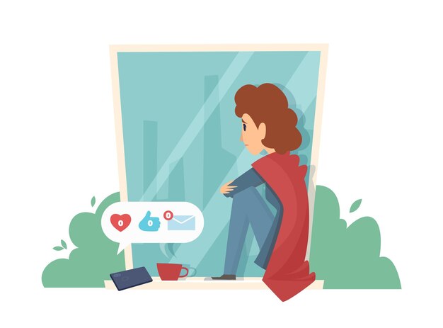 Mulher triste no parapeito da janela. Vício em mídia social, sem mensagens. Ilustração vetorial de menina depressiva