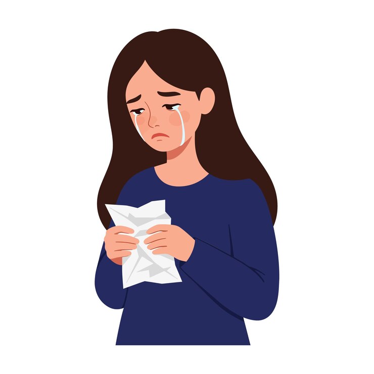 Vetor mulher triste segurando um papel arrugado em uma ilustração vetorial plana detalhada