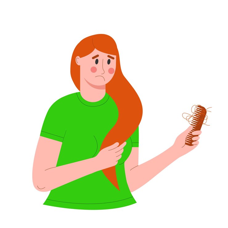 Vetor mulher triste segurando um pente com queda de cabelo queda de cabelo e problema de calvície de queda