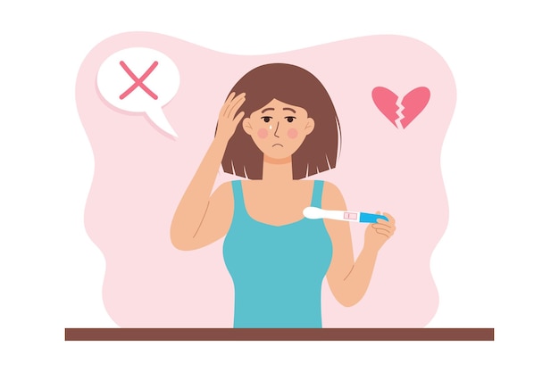 Mulher triste segurando um teste de gravidez com uma marca de linha como resultado negativo Infertilidade