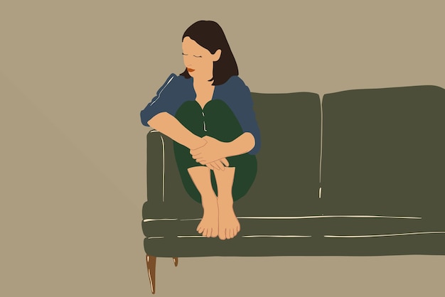 Vetor mulher triste sentada com os joelhos dobrados tendo exaustão emocional no sofá verde estilo simples com cores suaves conceito de estilo de vida
