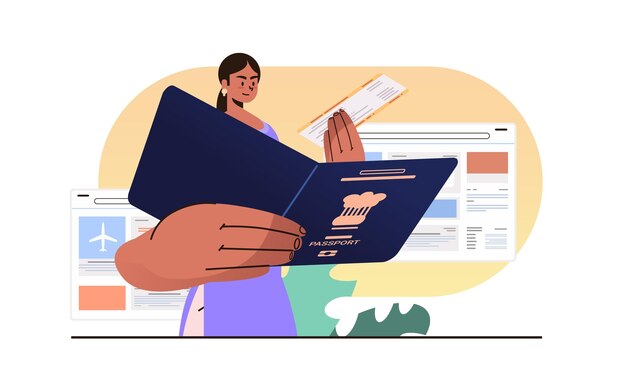 Vetor mulher turista segurando passaporte com cartão de embarque ou passagem de avião menina dando documentos que permitem viajar férias conceito de viagem retrato horizontal ilustração vetorial