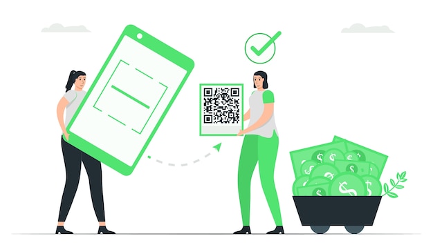 Mulher usa o aplicativo para escanear o código qr para pagar o dinheiro. design de cor monocromática verde mínimo no conceito de pagamento eletrônico.