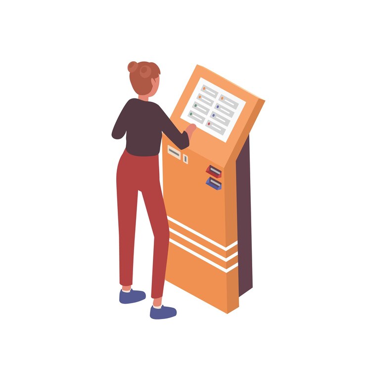 Vetor mulher usando caixa eletrônico ou caixa eletrônico. máquina moderna de pagamento e transação de autoatendimento. pessoa que faz pagamentos por serviço bancário. ilustração isométrica de desenho vetorial plana sobre fundo branco.