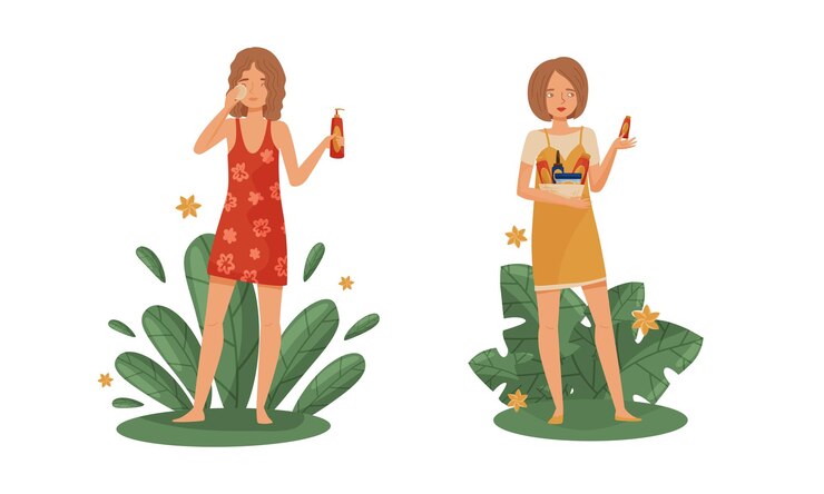 Vetor mulher usando e testando produtos cosméticos orgânicos naturais com folhagem verde por trás de um conjunto de ilustrações vetoriais