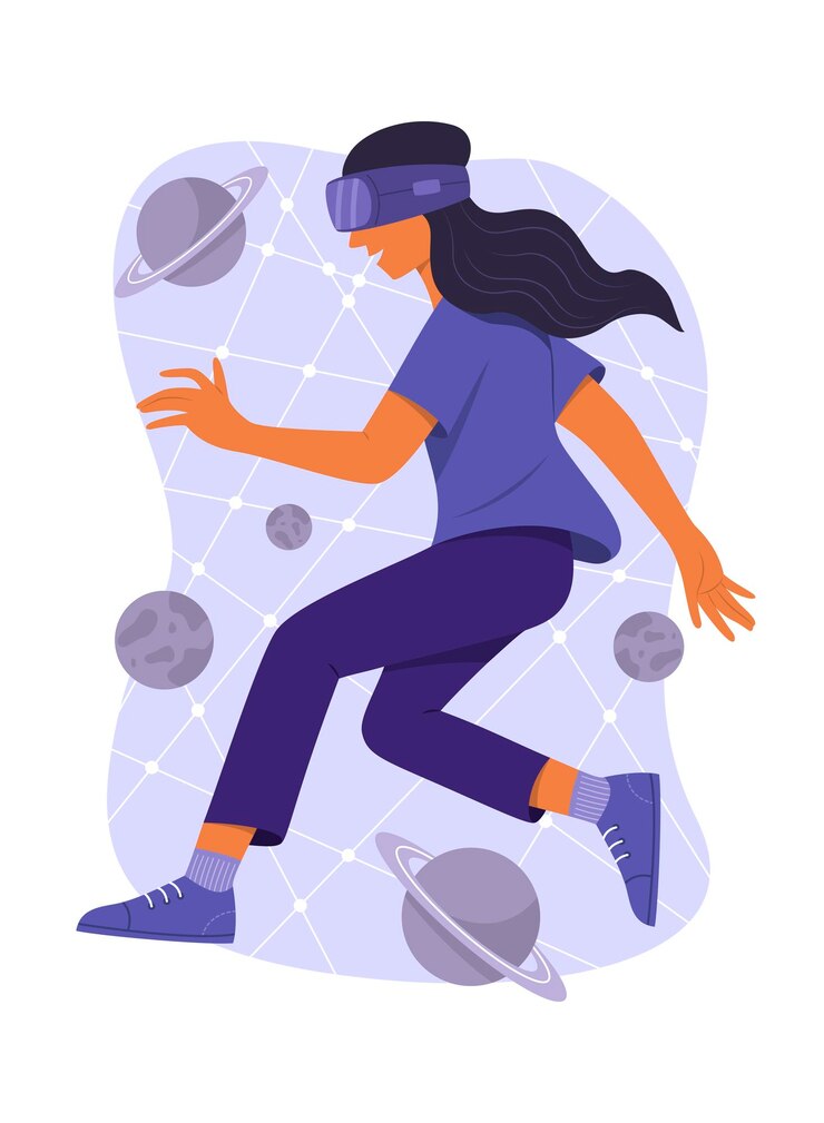 Vetor mulher usando o fone de ouvido de realidade virtual e assistindo a simulação cósmica
