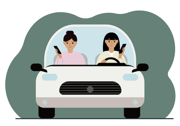 Vetor mulher usando smartphone enquanto dirige um carro. uma mulher está carregando sua família em um carro. perigo de condução. ilustração em vetor plana