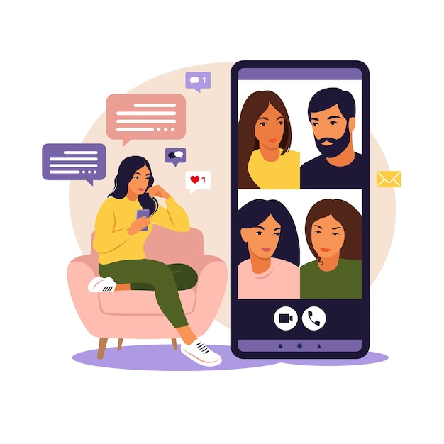 Mulher usando telefone para reunião virtual coletiva e videoconferência em grupo mulher conversando com amigos online conceito de tecnologia de trabalho remoto de videoconferência