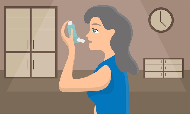 Vetor mulher usando um inalador em spray para interromper o ataque de asma. conceito de conscientização de doenças brônquicas. ilustração vetorial.