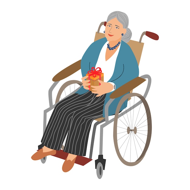 Mulher velha em uma cadeira de rodas com um presente nas mãos dela.